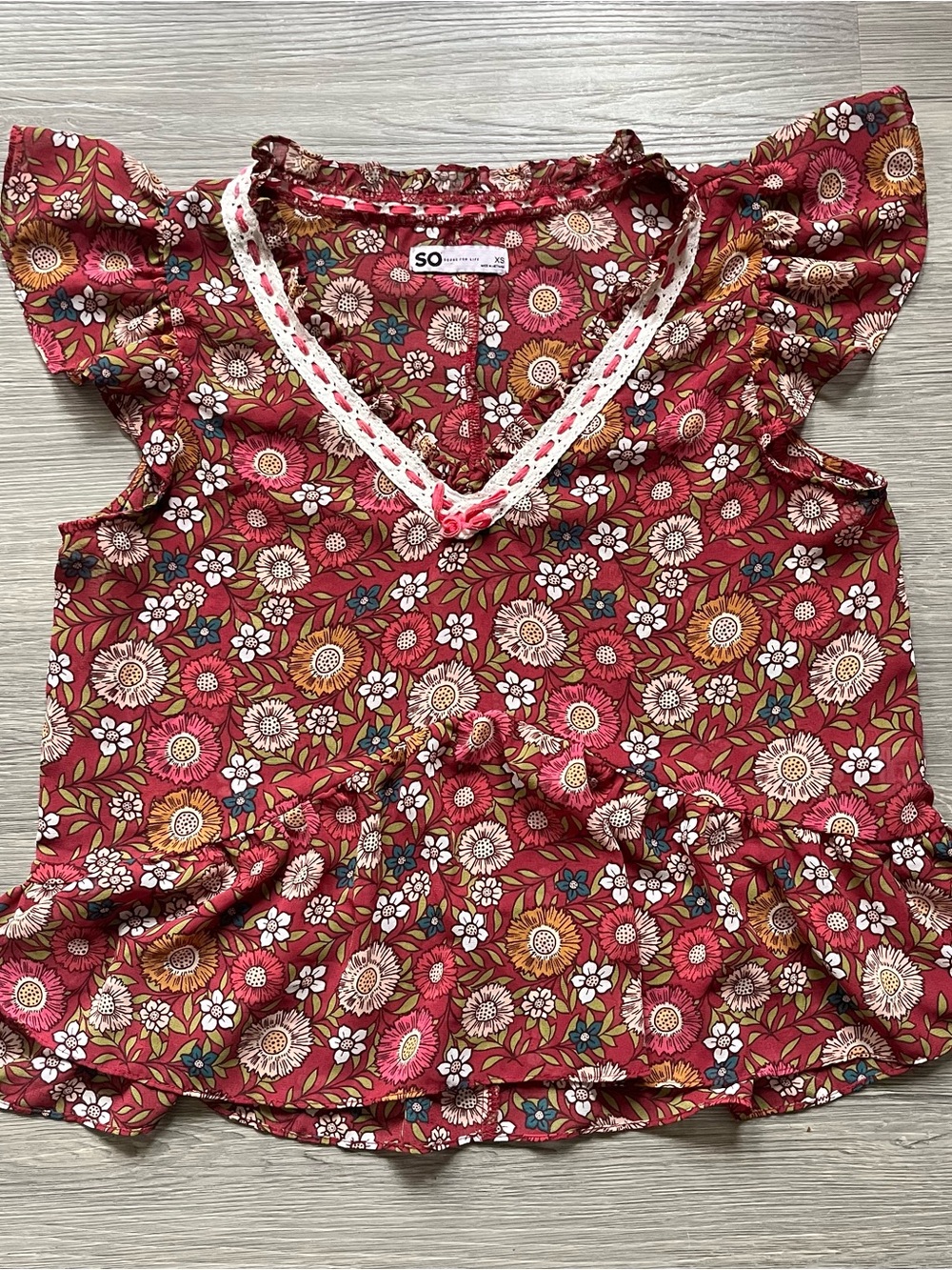 SO Pink Floral Ruffle Tank Top with Lace V-Neck